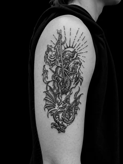 Tatuaje ilustrativo de San Jorge luchando contra el dragón en la parte superior del brazo