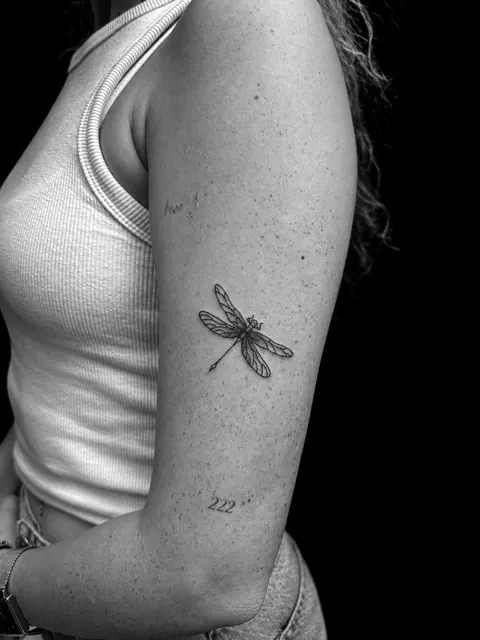 Tatuaje fine line de una libélula en la parte superior del brazo