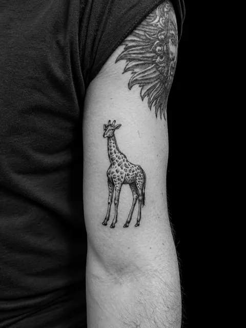 Tatuaje microrrealista de una jirafa en la parte trasera del brazo