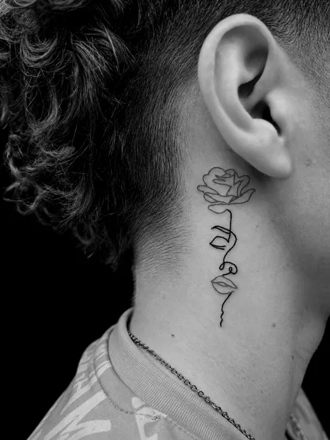Tatuaje de una rosa de una sola línea en el cuello