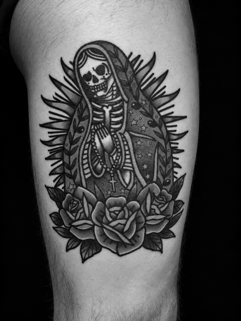 Tatuaje tradicional de una Virgen esquelética con rosario, rayos y rosas en un muslo