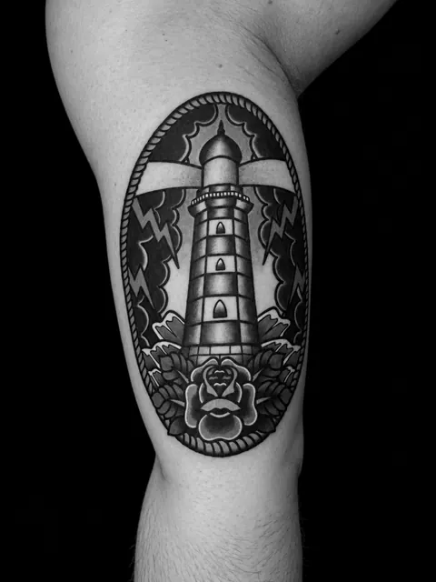 Tatuaje tradicional de un faro dentro de un óvalo de cuerda, con nubes de tormenta, un rayo y una rosa, en la parte superior del brazo