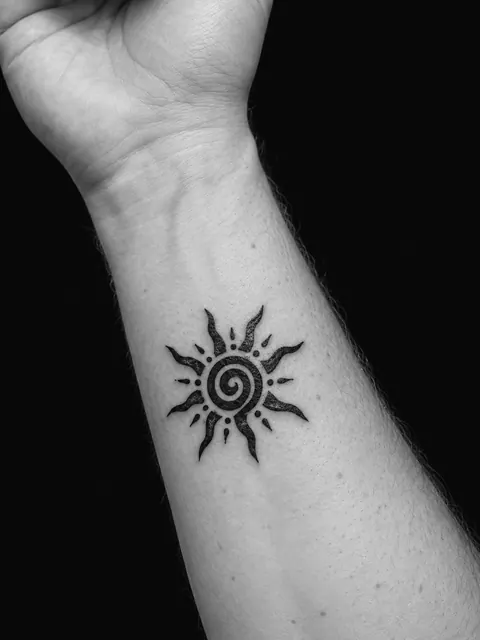 Tatuaje de un sol tribal en negro sólido en la cara interior del antebrazo