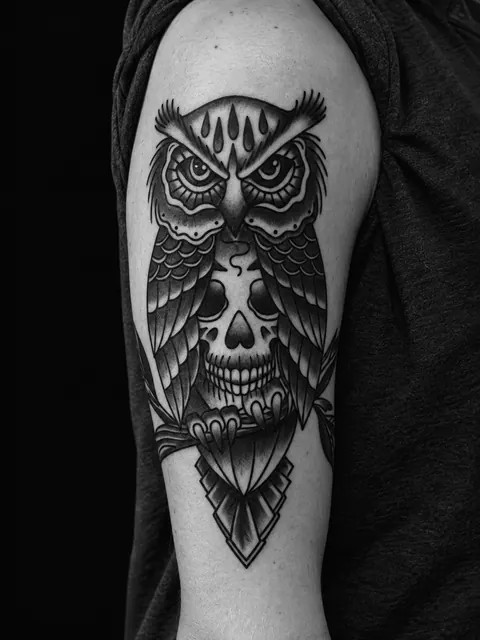 Tatuaje tradicional de un búho posado sobre una calavera, en negro y gris, en la parte superior del brazo