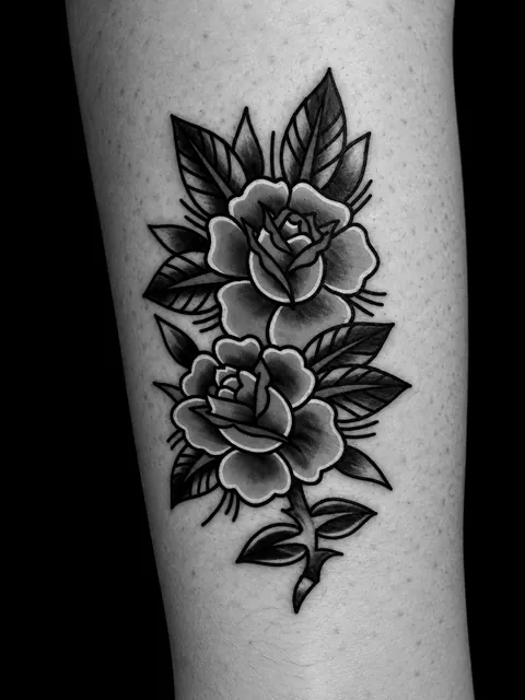 Dos rosas tradicionales con hojas, en negro y gris, en la parte baja de la pierna