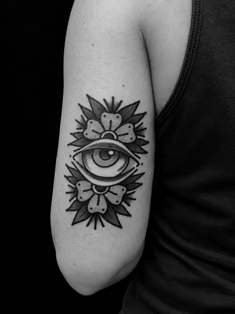 Tatuaje tradicional de un ojo que todo lo ve con flores en la parte trasera del brazo