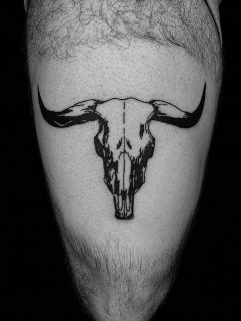 Tatuaje blackwork de un cráneo de toro con sombreado grabado en un muslo