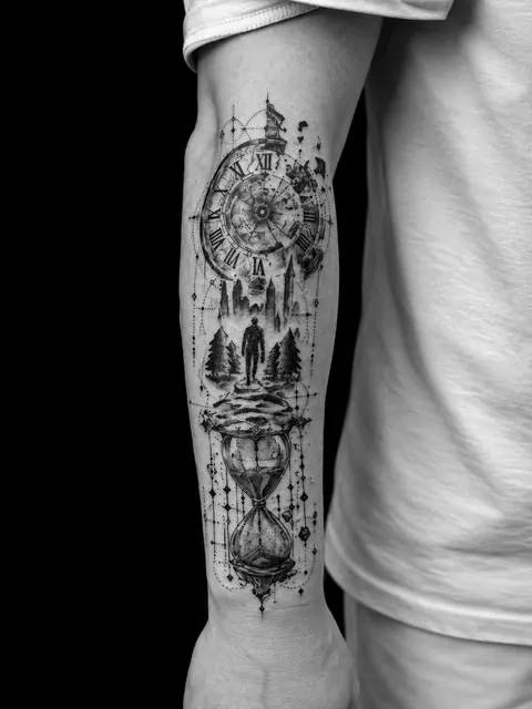 Tatuaje en el antebrazo de una esfera de reloj, una figura de pie entre árboles y un reloj de arena con arena roja