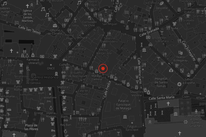 Mapa del casco antiguo de Málaga con Ink’side marcado en la calle Santa María, entre la calle Granada y la catedral